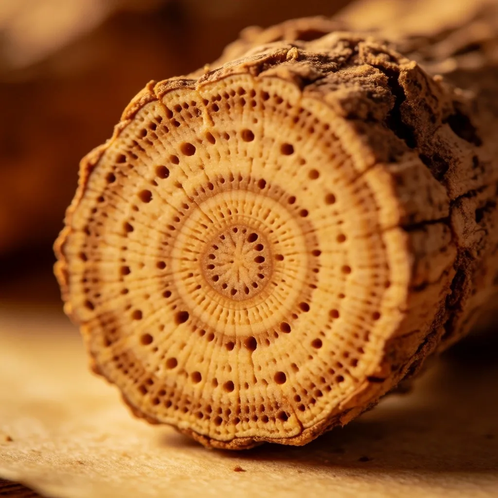 Cross-section of a Tongkat Ali root showing natural growth rings under warm amber light