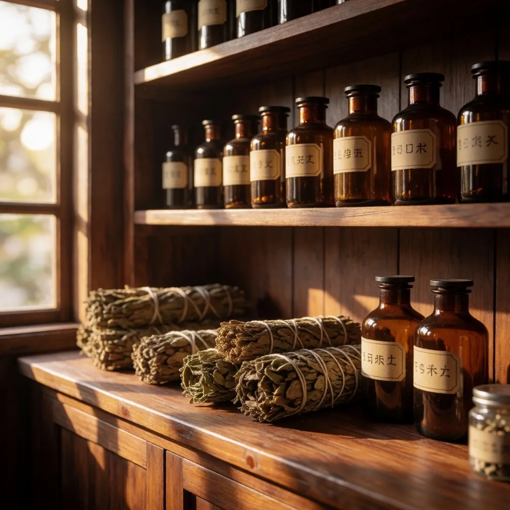 Dried herbs and amber glass jars on a wooden archival shelf