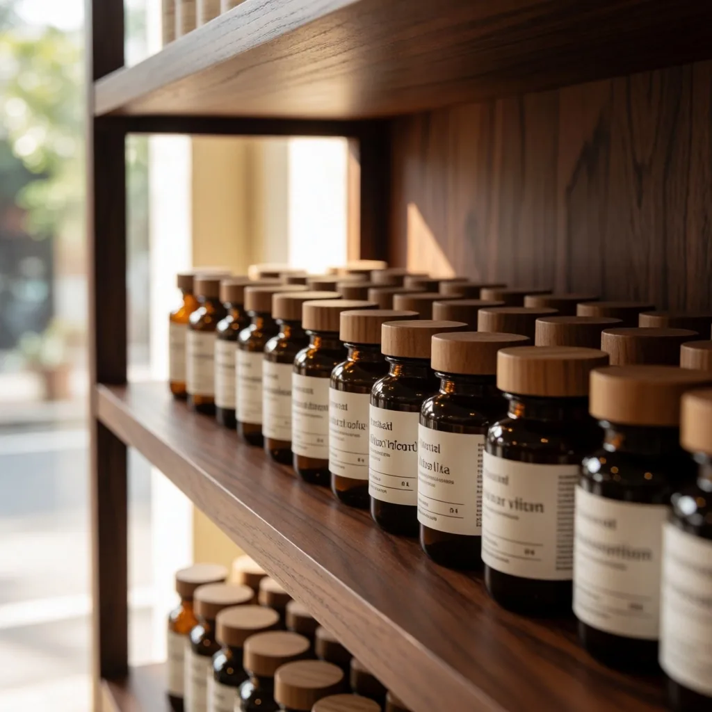 Amber glass supplement bottles on a wooden shelf