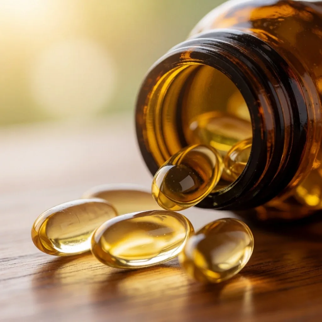 Amber fish oil capsules from a glass bottle on warm wood