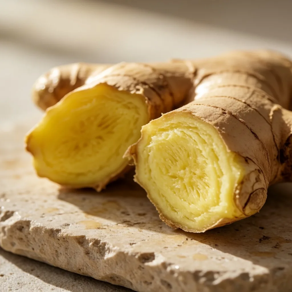 Broken ginger root showing fibrous interior