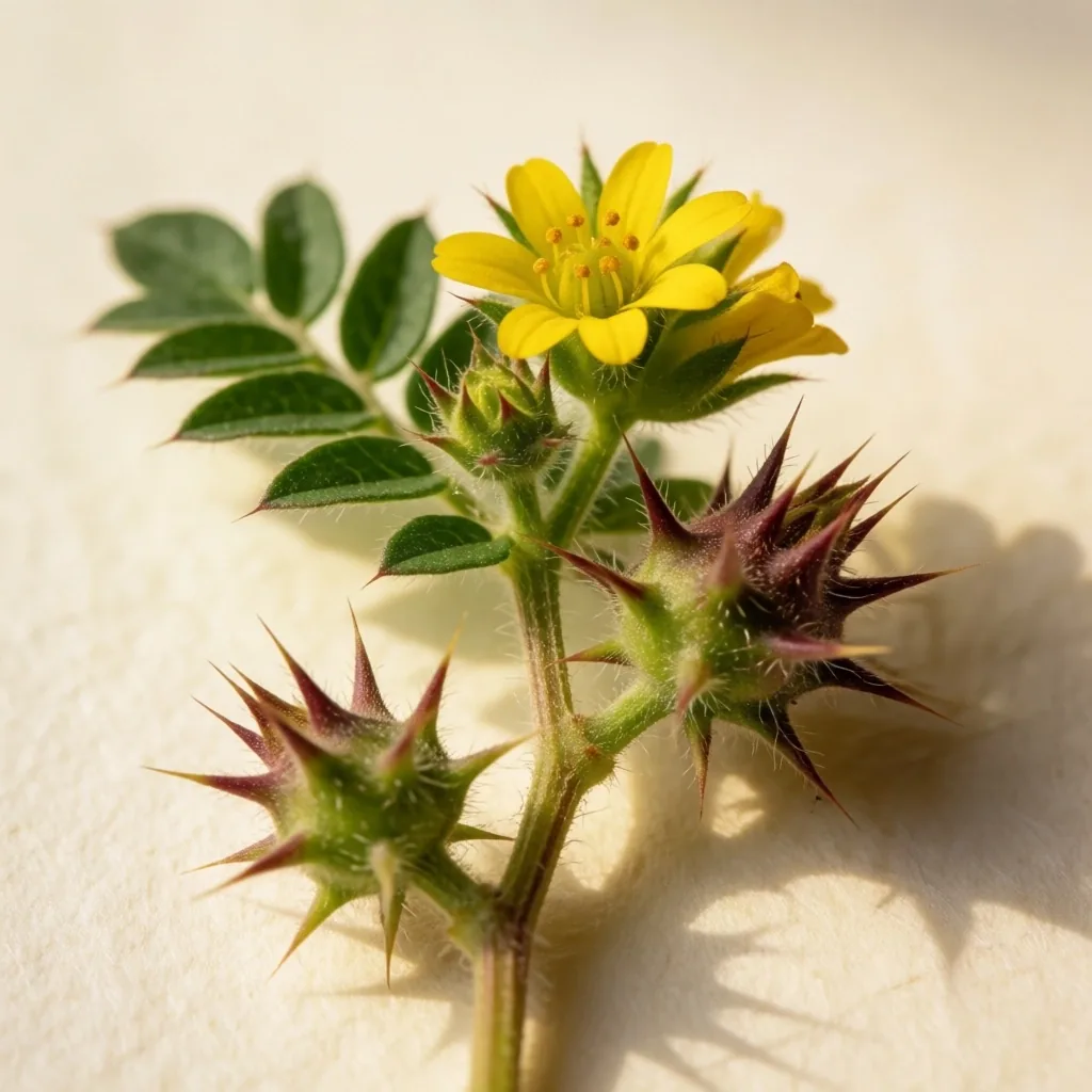 Tribulus terrestris plant specimen on textured paper