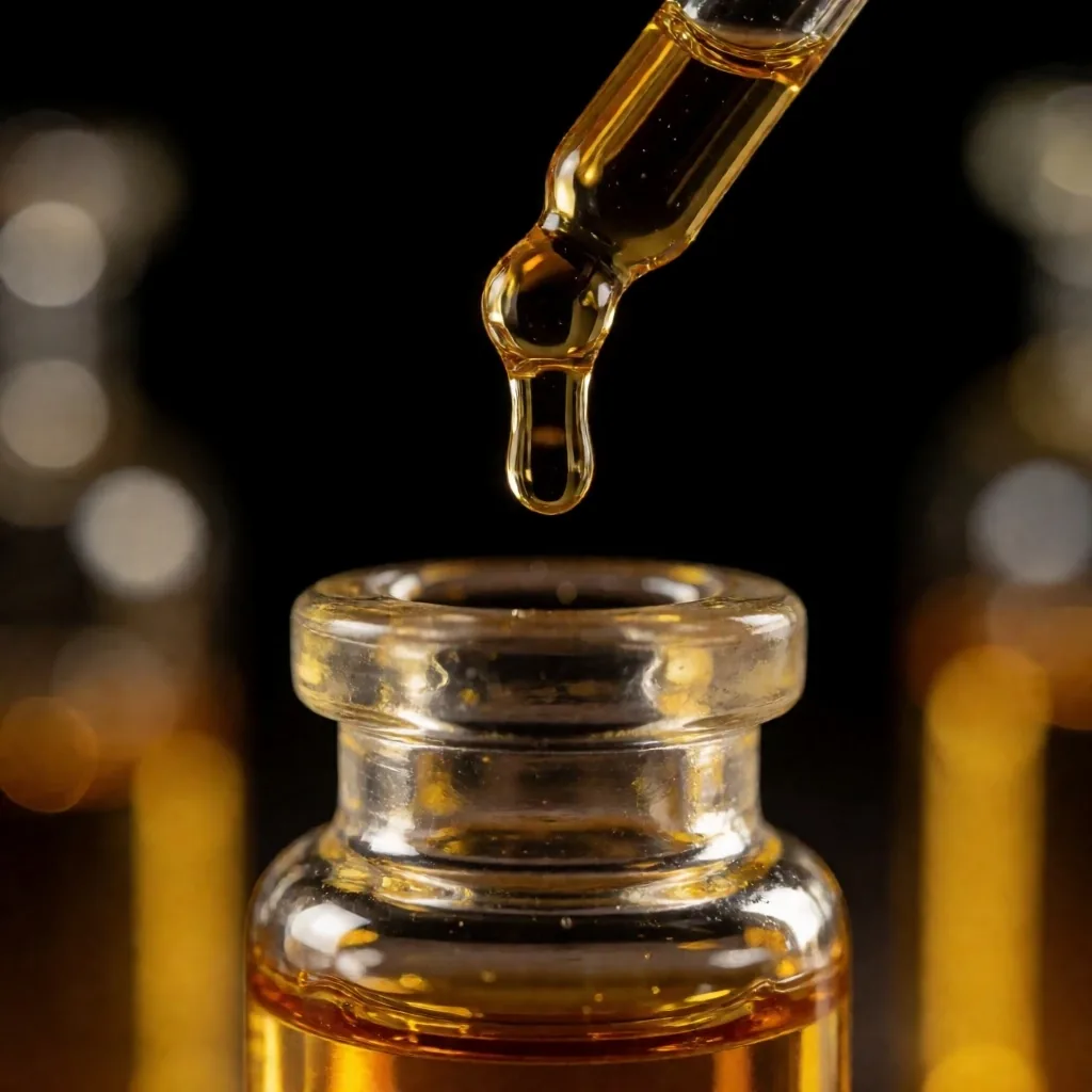 Amber herbal tincture drop into glass vial