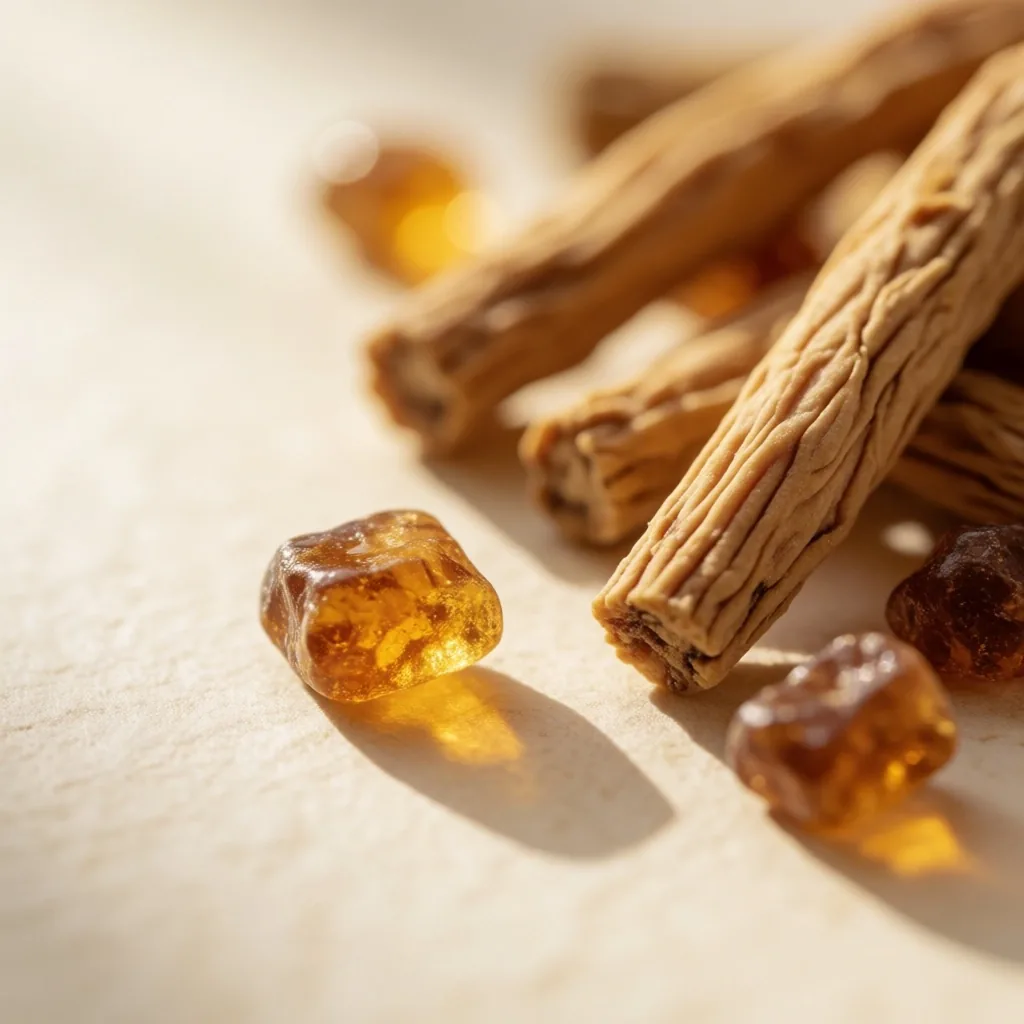 Close-up of dried botanical roots and amber resin on paper