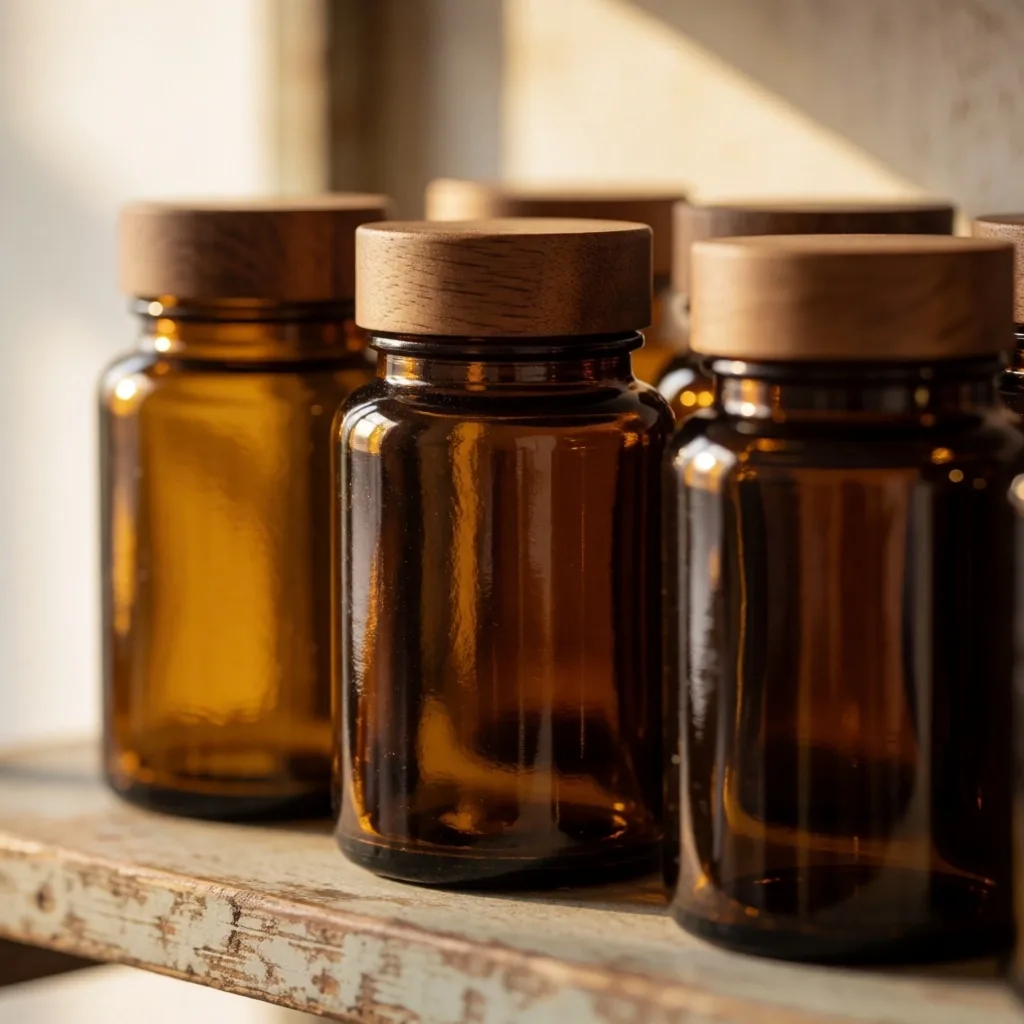 Amber glass supplement bottles on a wooden shelf